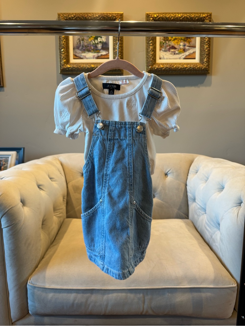 Joe's Jeans Light Blue Denim Overall Dress with White Puff-Sleeve Top